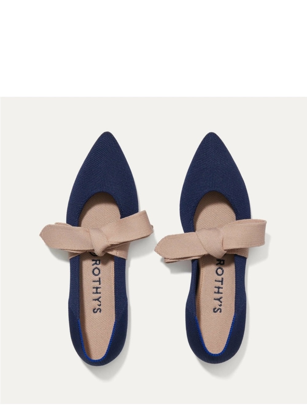 Rothy's Navy Pointed Flats with Beige Bow Accent